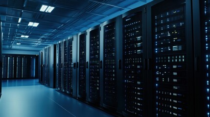 A high-security data center with rows of servers blinking with indicator lights and technicians monitoring screens, Data center scene, Digital security style