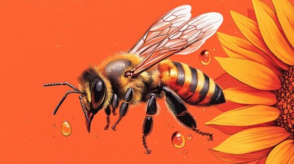 A vibrant bee hovers near a sunflower, showcasing its detailed body and wings against a bright orange background.