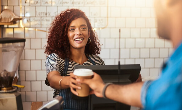 Cafe, customer and woman with takeaway cup for latte, bakery and small business. Entrepreneur, barista and cafeteria with person and drinks in coffee shop for restaurant, waitress and lens flare - Powered by Adobe