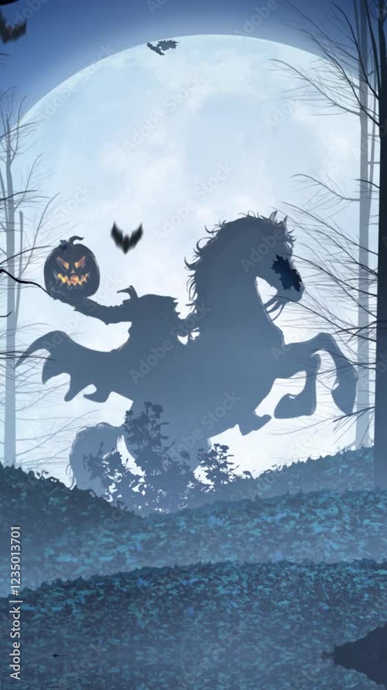 Wall mural vertical headless horseman full moon 4k loop features a forest of dead trees with a large full moon 