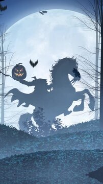 Vertical Headless Horseman Full Moon 4K Loop features a forest of dead trees with a large full moon in the sky with the silhouette of a headless horseman in the far back in a vertical ratio loop.