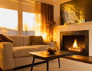 A cozy living room with a plush sofa, a warm fireplace, and soft lighting creating a relaxing atmosphere.