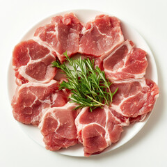 Images shot in Top View, raw pork arranged in perfect circular shape with herbs and garnish, looking very fresh. White background, isolated