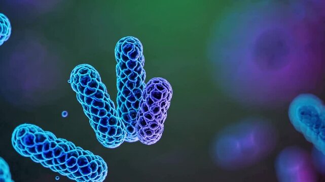 A stunning 4K ultra-HD stock video featuring a highly detailed microscopic view of beneficial bacteria and microorganisms, particularly lactic acid bacteria associated with probiotics.
