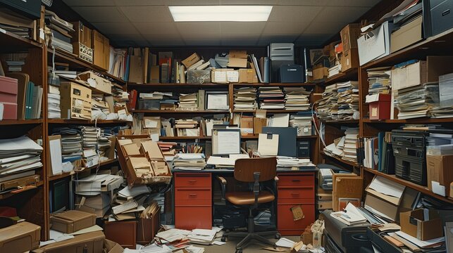 A small office room overflowing with moving boxes, papers, and cluttered desks, showing an untidy and stressful work environment