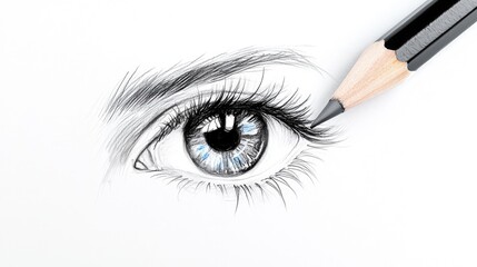 Naklejka premium Graphite pencil sketching a detailed and realistic human eye on white paper.