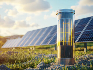 Obraz premium Close-up of a power cell with solar panels in the background for renewable energy