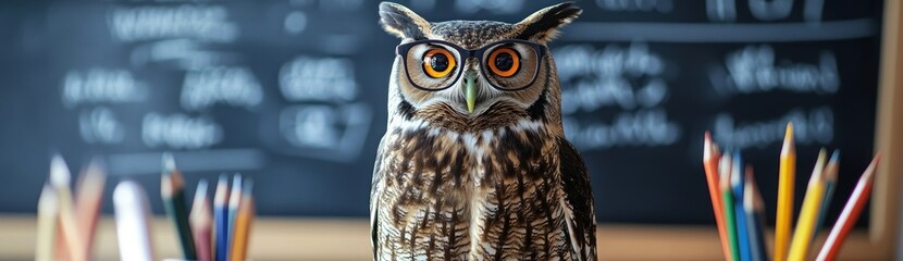 Obraz premium Wise Owl in Classroom Setting: A Symbol of Knowledge and Education