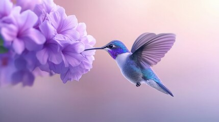 Fototapeta premium moment of a hummingbird hovering near a blooming flower, iridescent colors