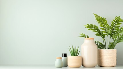 Pure and chemical-free skincare Stylish plant arrangement on a minimalist table.