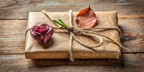 Fototapeta premium A rustic brown package wrapped with twine and adorned with a dried rose and a leaf, resting on a weathered wooden surface