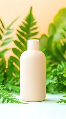 Pure and chemical-free skincare Minimalist cosmetic bottle surrounded by ferns