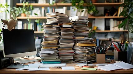 A small office room overflowing with moving boxes, papers, and cluttered desks, showing an untidy and stressful work environment