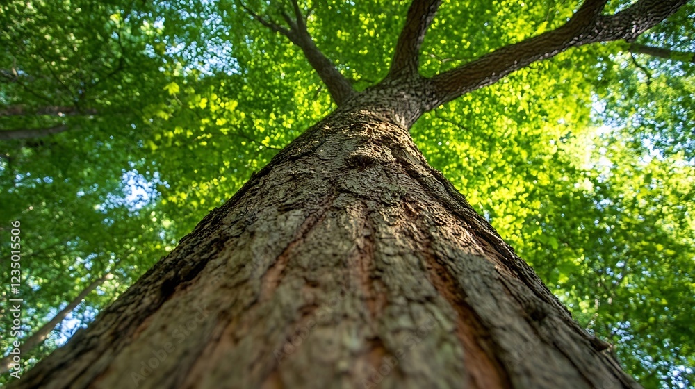 Aufkleber majestic forest tree viewed from below with green leaves and blue sky : generative ai