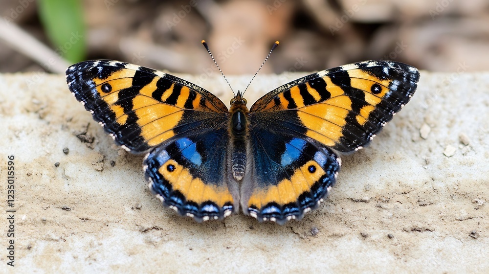 Poster vivid orange and black patterned butterfly resting on stone surface in natural lighting : generative