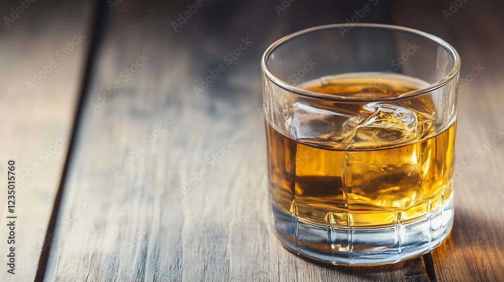 Poster classic glass of whiskey on the rocks with wooden table background for an elevated experience : gene