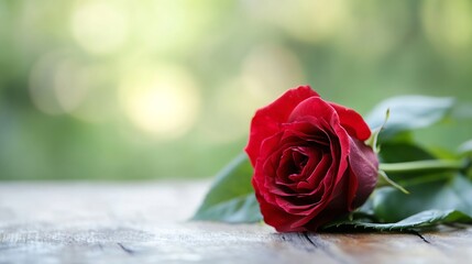 Single Red Rose with Dew Drops on Wooden Table Evoking Romance and Elegance Against a Blurred Green Background : Generative AI
