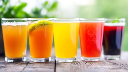 Vibrant Assortment of Fresh Colorful Juices in Glasses on Wooden Table : Generative AI