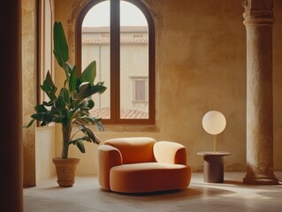Cozy room with a modern armchair, large windows, and a warm atmosphere. A potted plant and a round lamp add elegance.