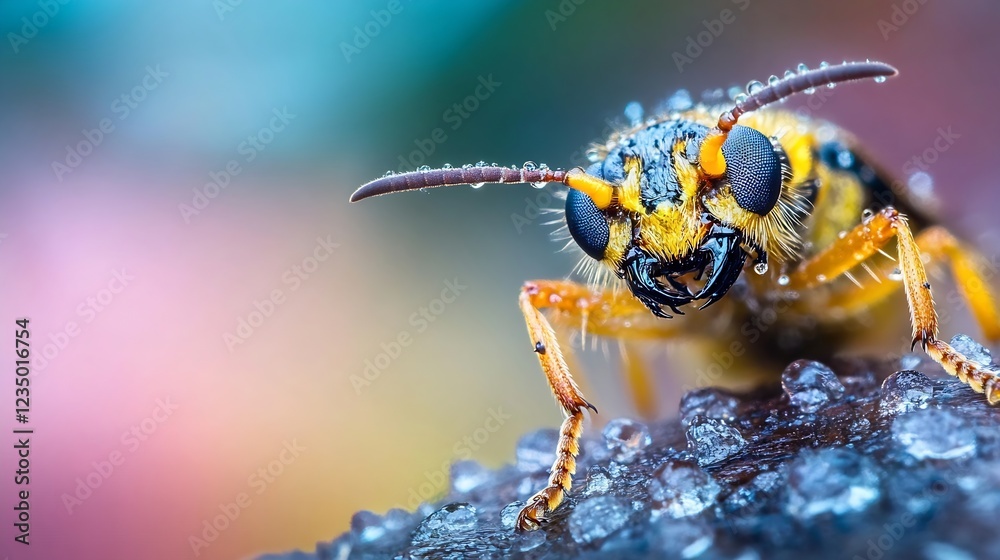 Poster Macro view of wasp resting on rock with colorful backdrop and morning dew : Generative AI
