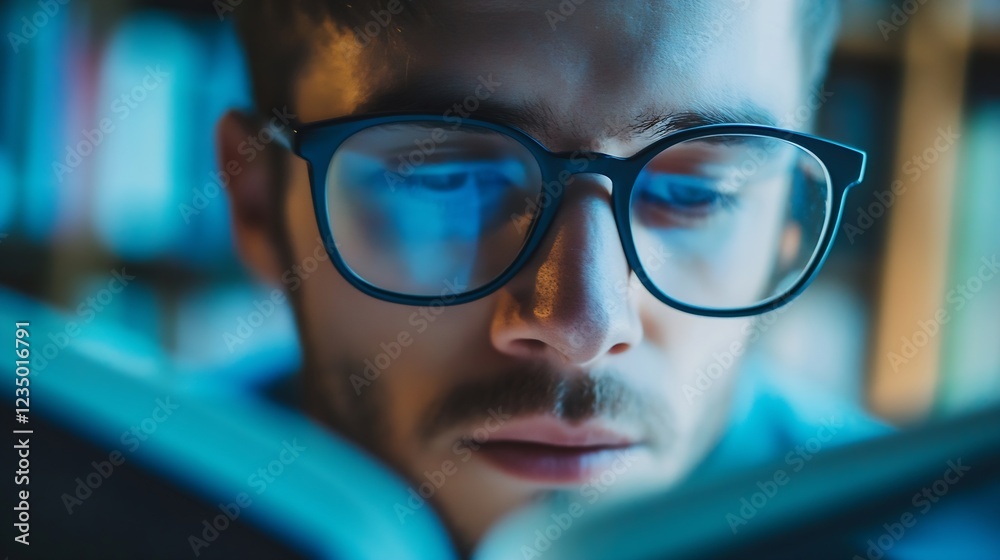 Poster focused young man reading book with glasses and bookshelf background : generative ai
