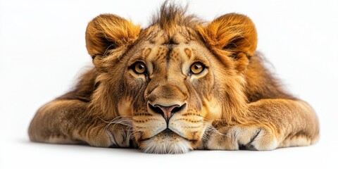 Majestic male lion with thick mane resting on white background