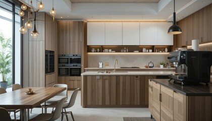 A sophisticated and elegant kitchen with a seamless blend of modern technology and natural wooden aesthetics. The space is filled with high-end appliances, a spacious wooden island, and artistic light