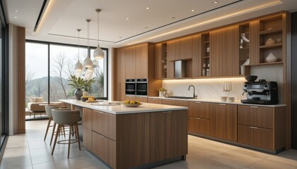 A high-end modern kitchen with artistic wooden finishes, designed with sleek cabinetry and top-of-the-line cooking appliances. The kitchen is bathed in warm lighting, enhancing the texture of the wood