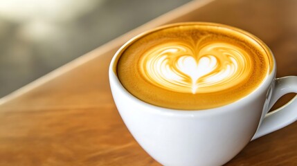 Closeup of Crafted Latte Art Heart in Fresh Cup of Frothy Coffee on Wooden Table Surface : Generative AI