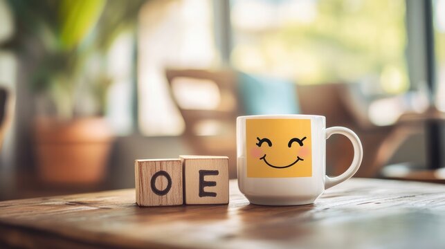 cute smiling coffee mug with love text blocks on cozy wooden table warm morning lifestyle. Hello Monday concept with inspirational quote on wooden blocks - New Monday. New Week, New Start. New Goals. 