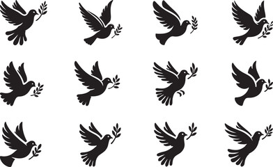 Fototapeta premium peaceful dove flying with olive branch vector set