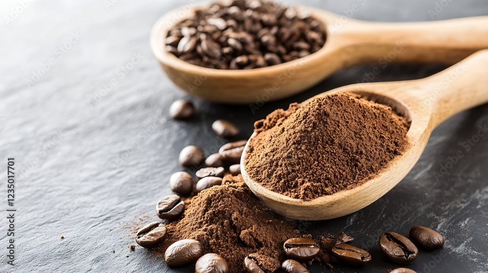 Poster rich coffee grounds and beans in wooden spoons on slate background for gourmet brew : generative ai
