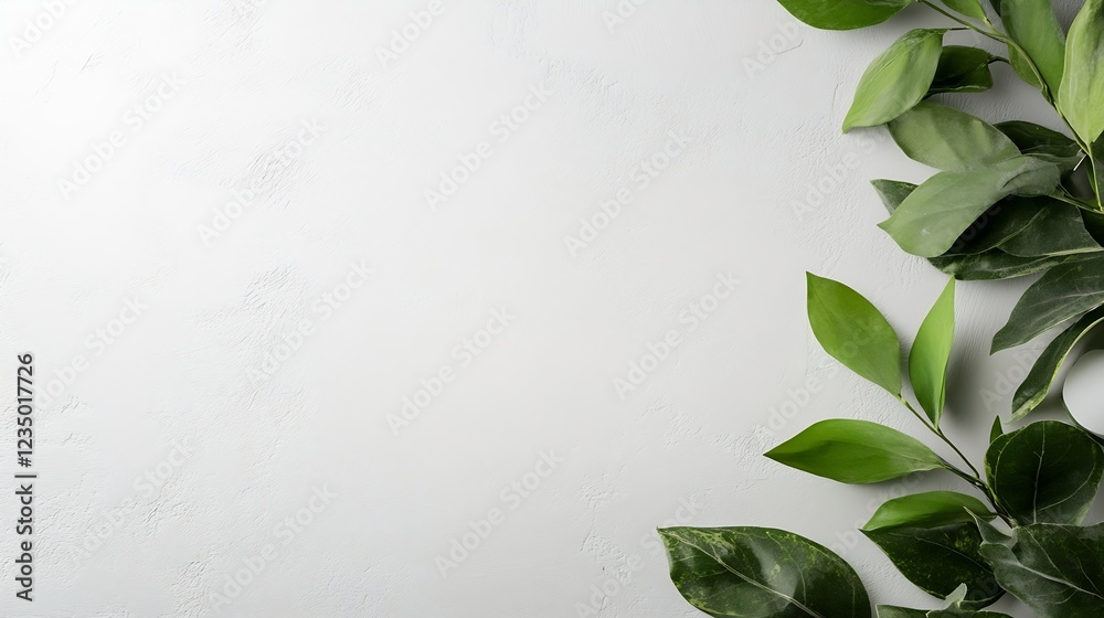 Aufkleber minimalistic green leaves on white texture background botanical art : generative ai