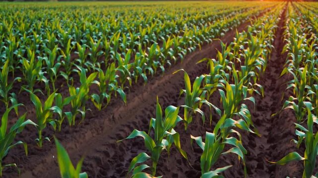 A breathtaking 4K ultra-HD stock video capturing neat rows of young, vibrant green corn plants emerging from rich, dark soil in a vast, fertile field. 