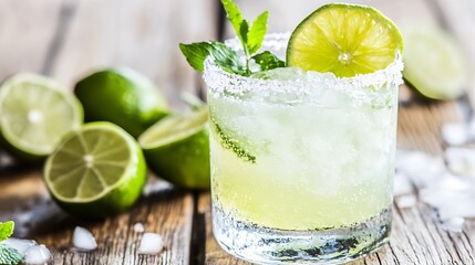 Vibrant Lime and Mint Margarita Cocktail with Salt Rimmed Glass on Rustic Wooden Table : Generative AI