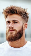 Obraz premium A young man with a stylish beard and tousled hair poses confidently. He wears a white shirt, and the background is softly blurred, giving a modern portrait vibe.