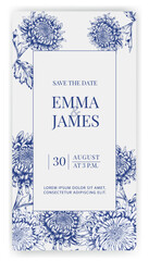 Elegant "Save the Date" wedding invitation with blue hand-drawn chrysanthemum floral design on a white background. Ideal for wedding stationery, event announcements, greeting cards, formal celebration