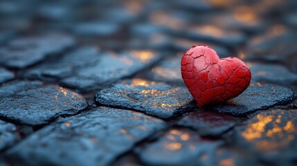 Fototapeta premium A cracked red heart rests on a cobblestone surface, reflecting light.