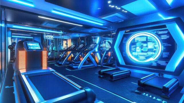 A high-tech fitness center with virtual training sessions and personalized workout programs, Fitness center scene, Dynamic style