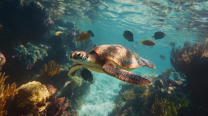 Obraz premium A majestic sea turtle gracefully swims through a vibrant coral reef, surrounded by colorful fish and illuminated by soft underwater light, capturing the beauty and serenity of marine life.
