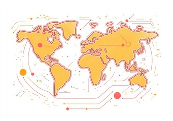 World map, simple vector line art, flat color illustration, white background, minimalist design