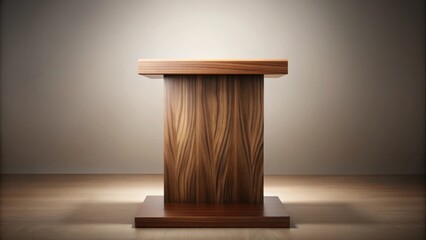 A wooden podium with a plain backdrop and subtle lighting, perfect for showcasing products or presenting speeches