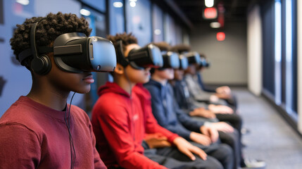 Students using virtual reality headsets in classroom setting, engaged and focused