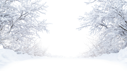 Snowy branches framing transparent background in winter wonderland