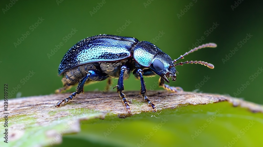 Poster metallic blue beetle resting on leaf with vibrant macro shot : generative ai