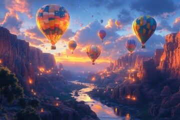 Hot Air Balloons Soar Over Canyon At Sunset