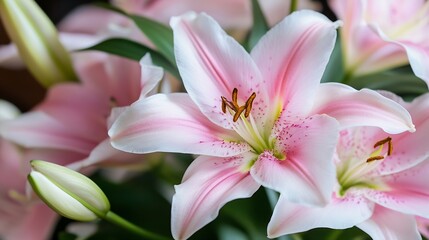 Naklejka premium Elegant pink and white lilies in full bloom with lush green foliage background : Generative AI