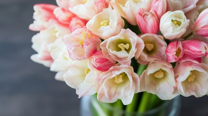 Obraz premium Close Up of Tender Pink and White Tulips in a Chic Modern Vase : Generative AI