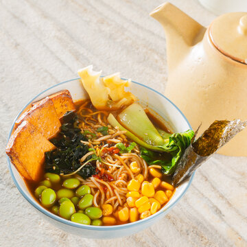 close up tofu edamame ramen and corn soup for menu and food ecommerce