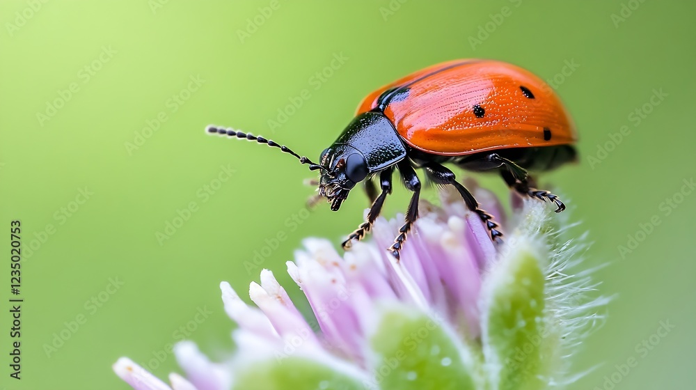 Poster macro image of a red leaf beetle on a purple flower blossom with green blurred background : generati
